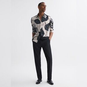 Men's Abstract Print Long-Sleeve Shirt in Cream and Dark Blue